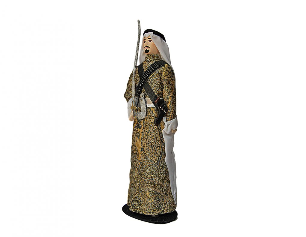 Porcelain Souvenir Doll in Al-Ardha National Sword Dance of Saudi Arabia outfit golden front side sec