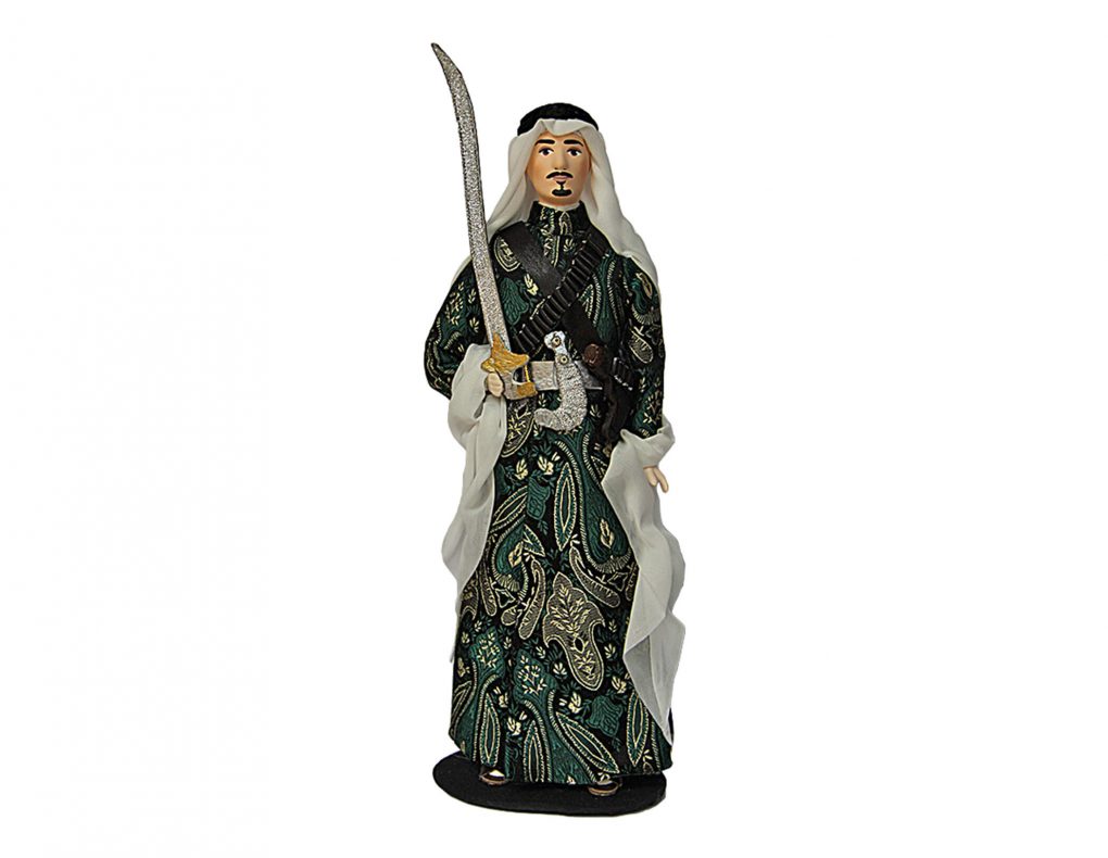 Porcelain Souvenir Doll in Al-Ardha National Sword Dance of Saudi Arabia outfit green front