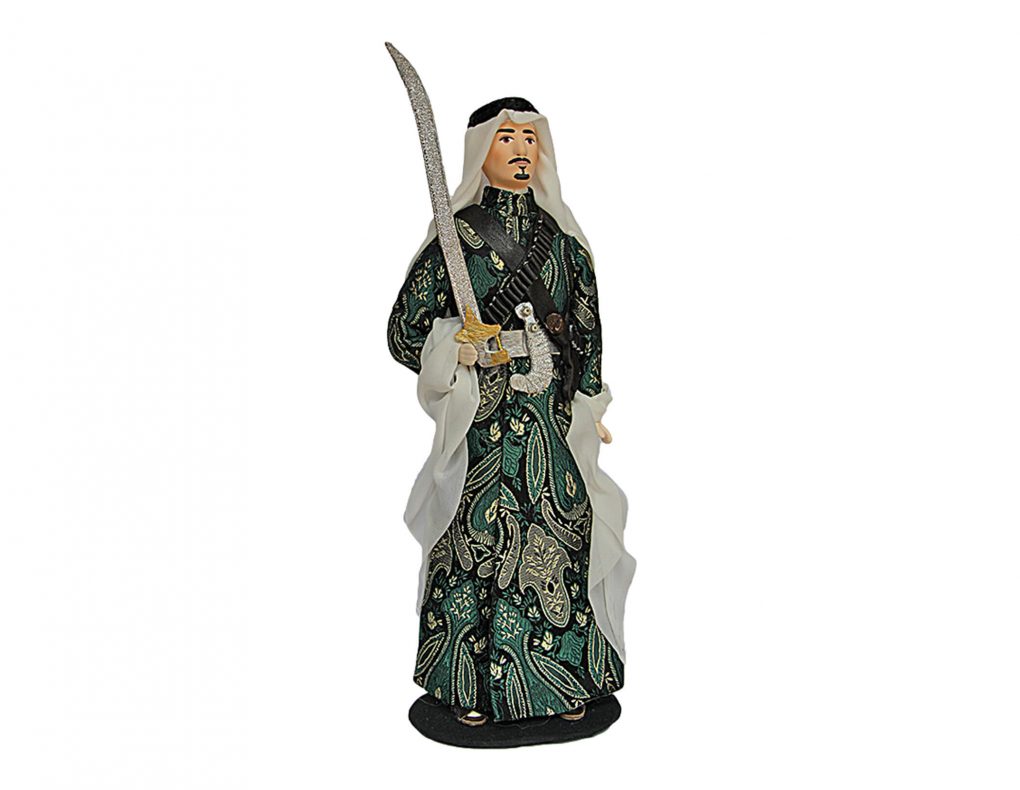 Porcelain Souvenir Doll in Al-Ardha National Sword Dance of Saudi Arabia outfit green front side