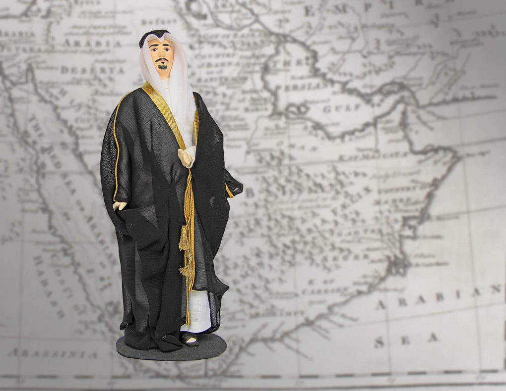 Porcelain Souvenir Doll in Traditional Formal Male Saudi Arabian Attire map
